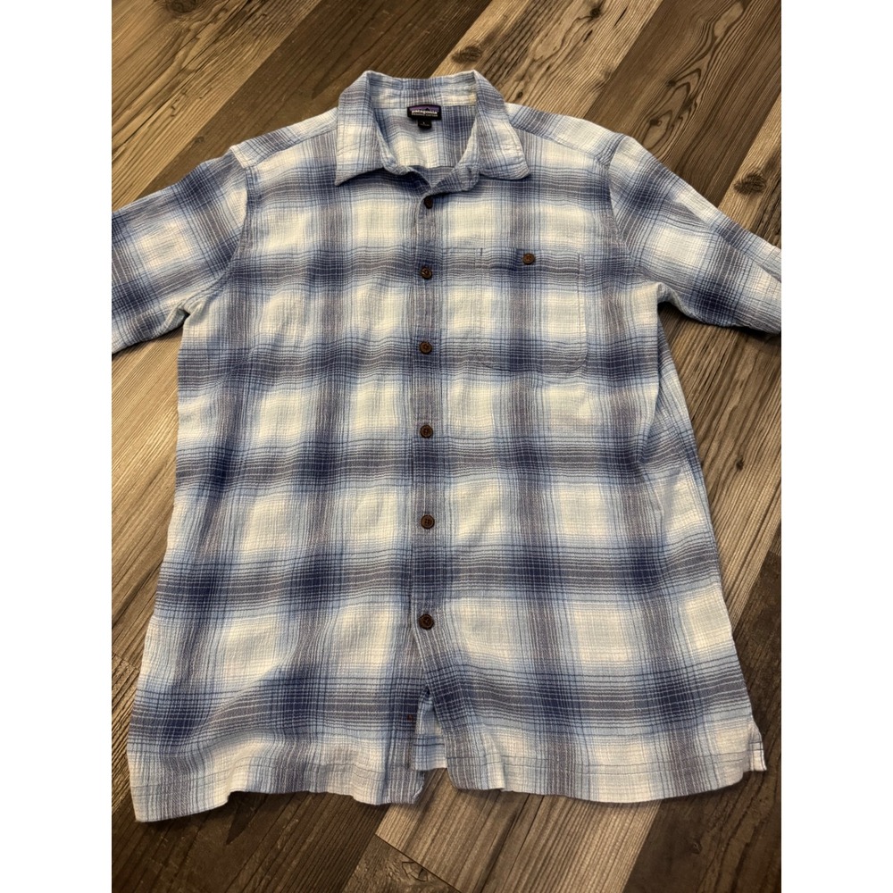 Patagonia Mens Blue White Plaid Organic Cotton Short Sleeve Button Down Shirt L